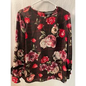 Liz Claiborne Career womens red floral long sleeve Flare Wrist L Large Blouse